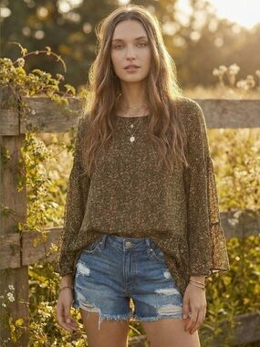 EASEL Flare/Bell sleeve layered peplum olive/brown round neck boho blouse